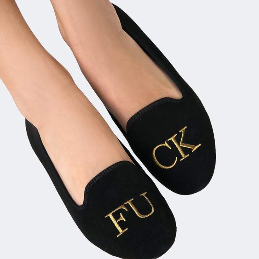 YRU F*€K you lavish flat slip on suede black shoes size 9/39